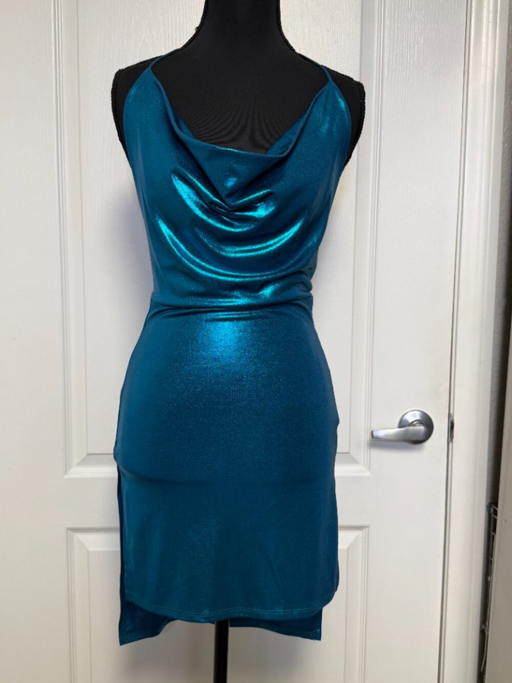 Hottie Metallic Teal Halter Cowl Neck Midi Dress NWT Size S